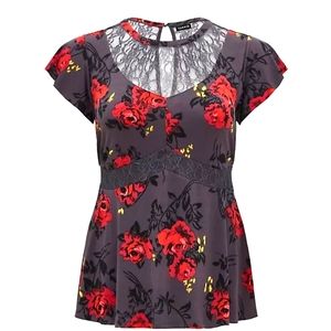 STUDIO KNIT CREW NECK LACE INSET SHORT SLEEVE PEPLUM